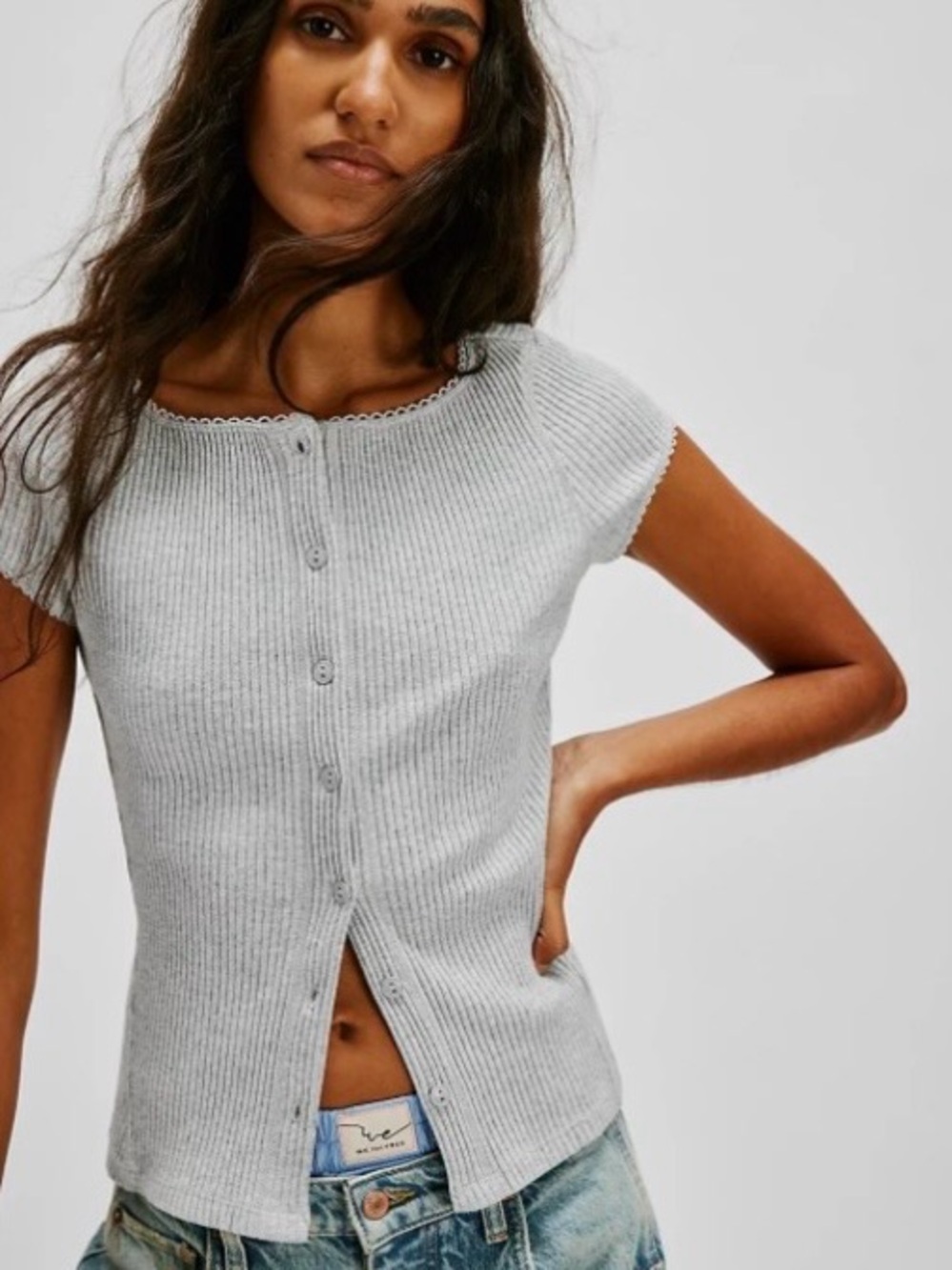 Free People Intimately Most Wanted Cardi Heather Gray Button Top Sizes S & M NWT
